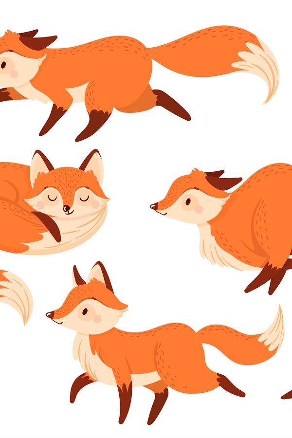 Cartoon red fox. Funny foxes with black paws, cute jumping a