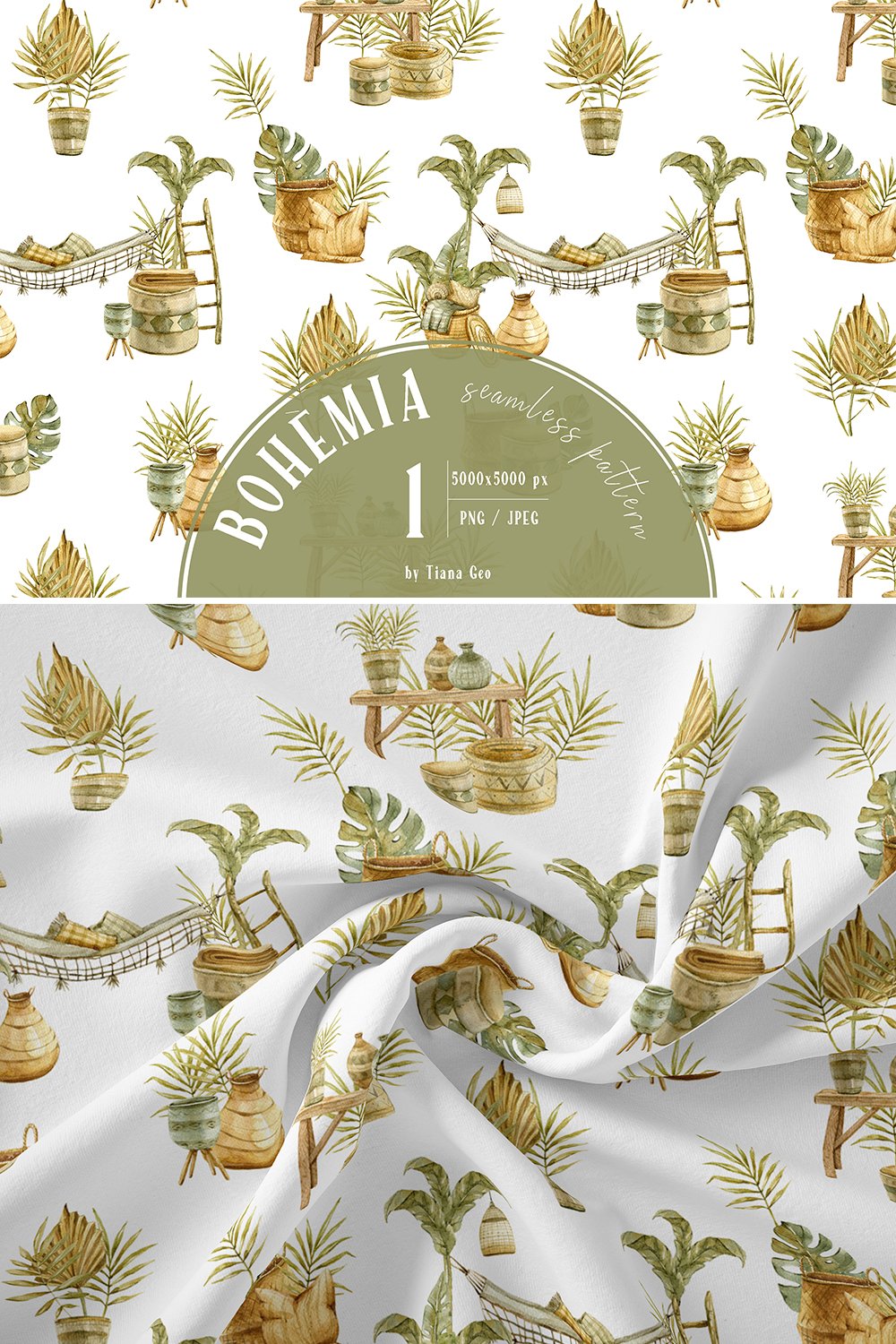 Watercolor boho tropical seamless pattern / digital paper