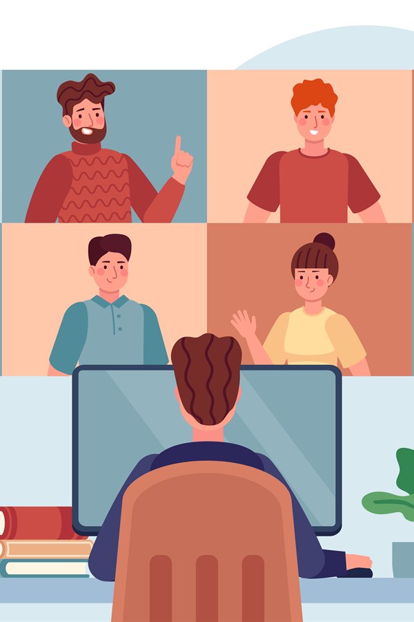 Virtual meeting. Man chatting with group people, online meet