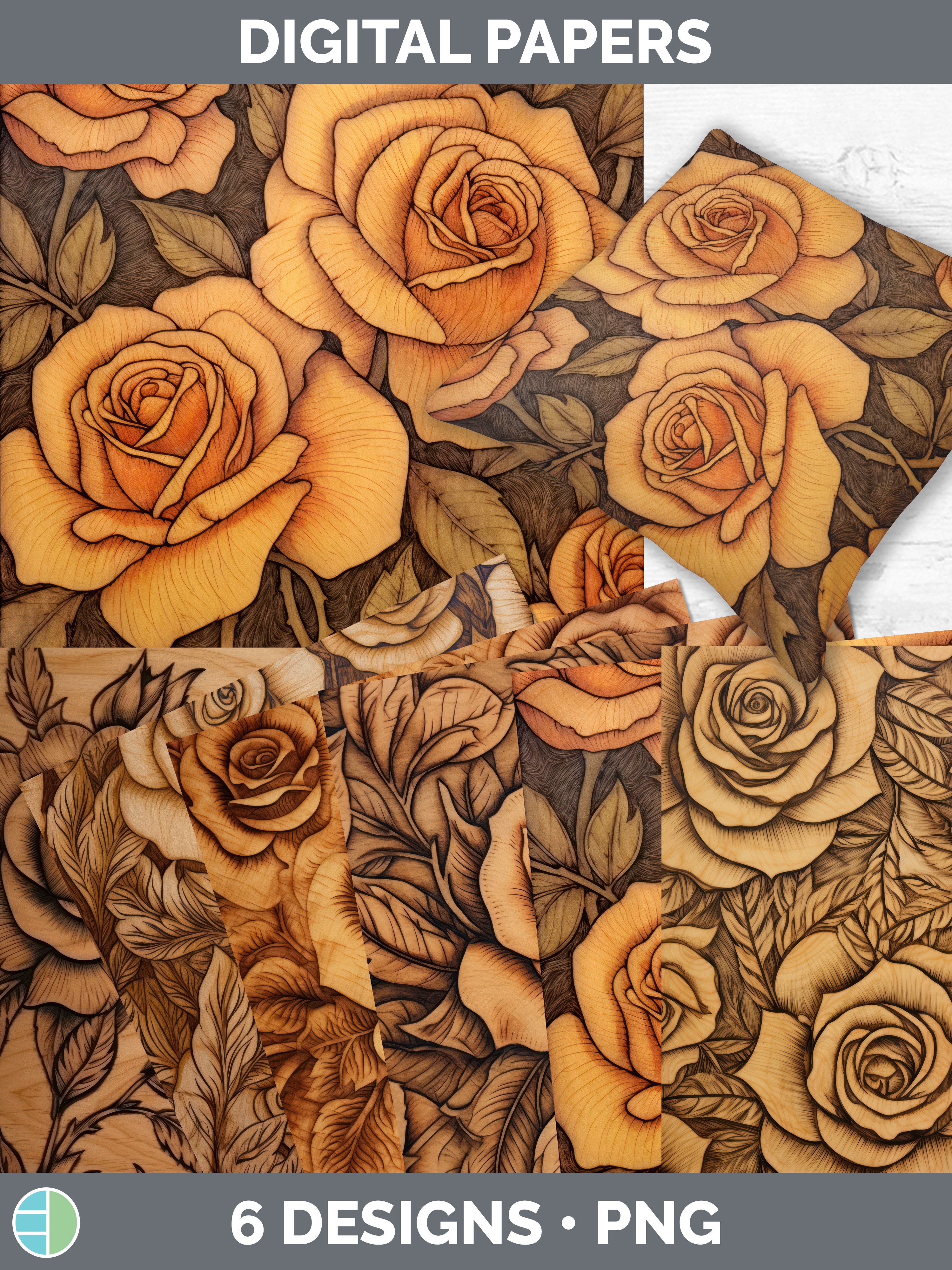 Rusty Paper Roses Backround Wood Burned Rose Flowers Paper Backgrounds | Digital Scrapbo