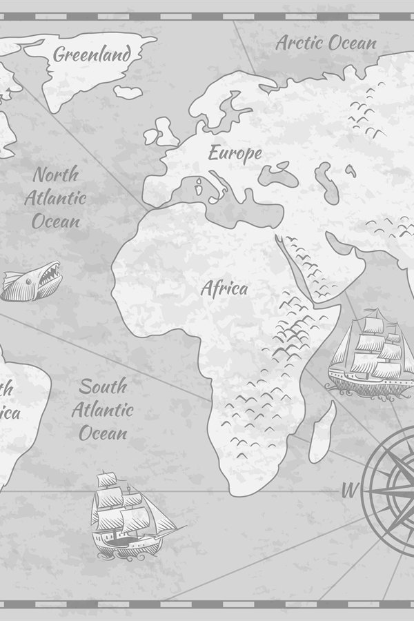 Grey Paper Map Gray world map. Earth antiquity paper map with continents oc