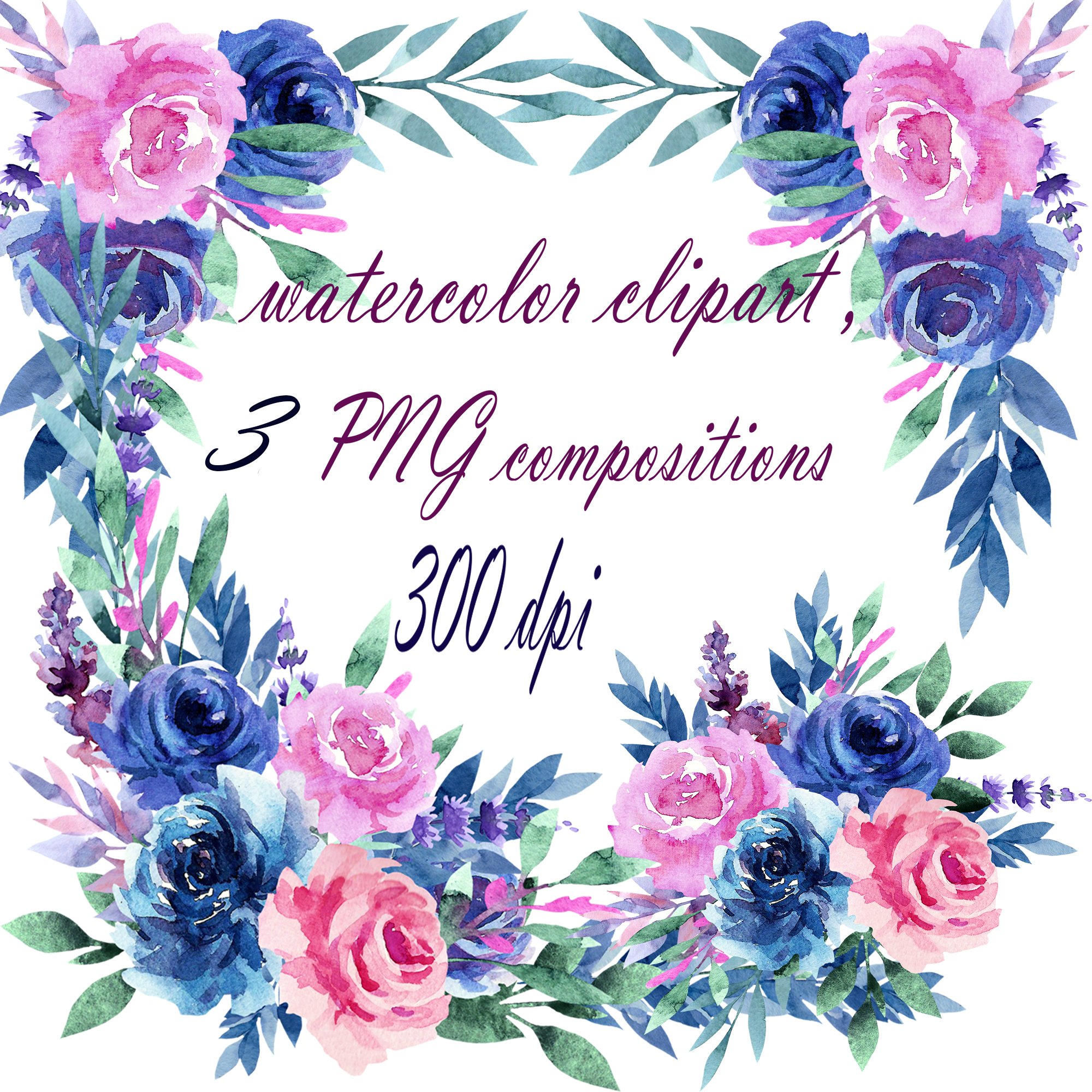 Watercolor illustration of blue and pink roses