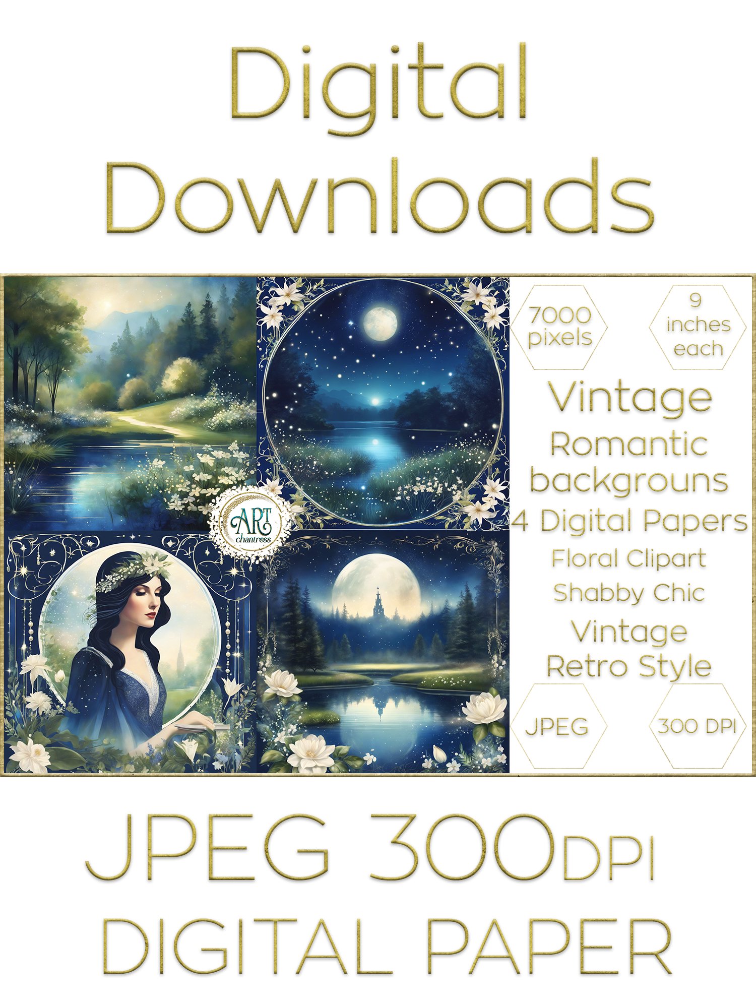 Vintage Floral Navy Blue Romantic Retro Forest Digital Paper