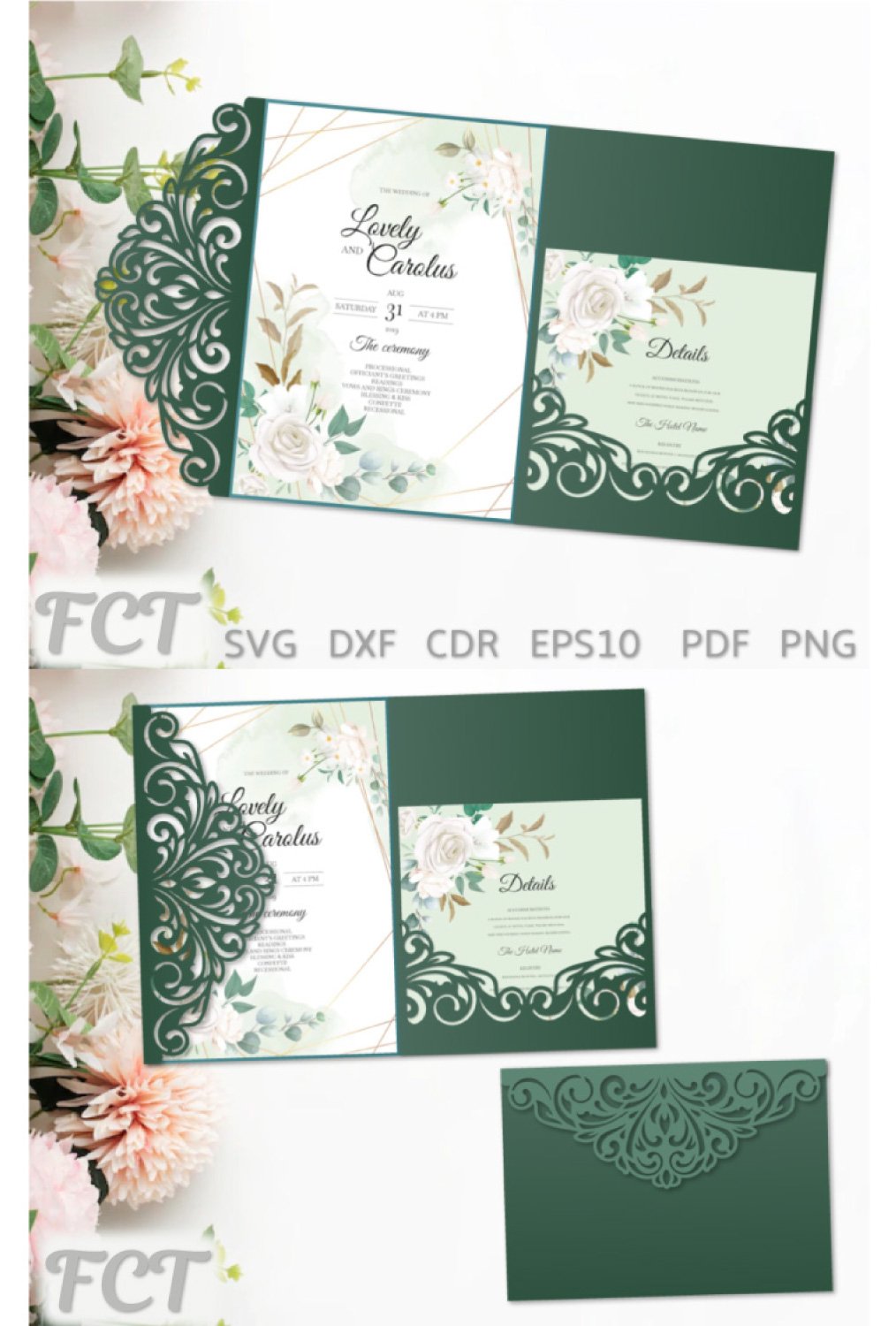 Trifold wedding pocket Invitation SVG, Baroque pattern