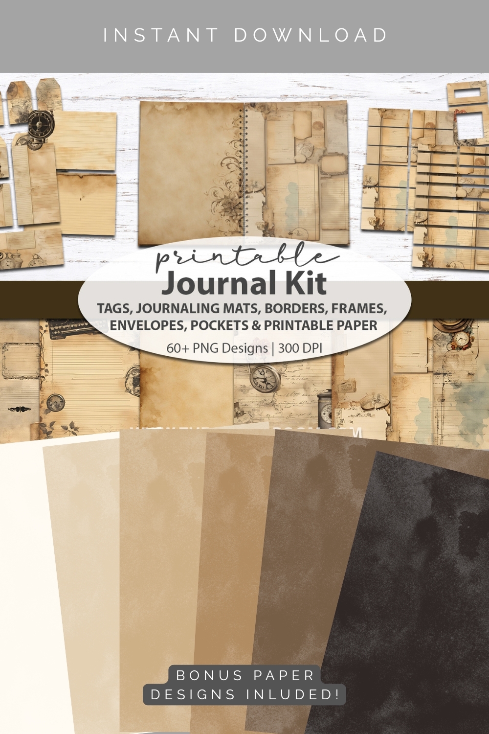 Printable neutral Junk Journal Kit Antique digital paper