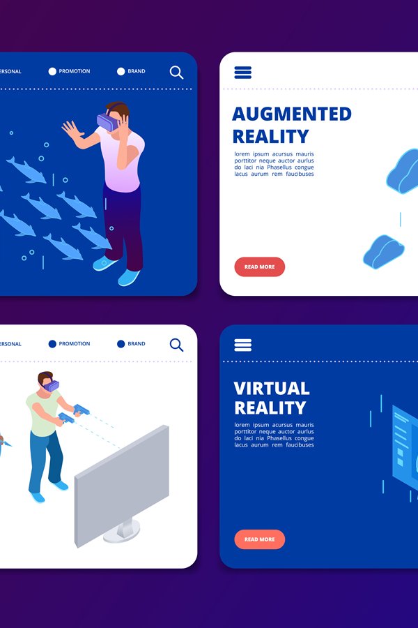 Isometric VR gaming, augmented reality vector landing pages
