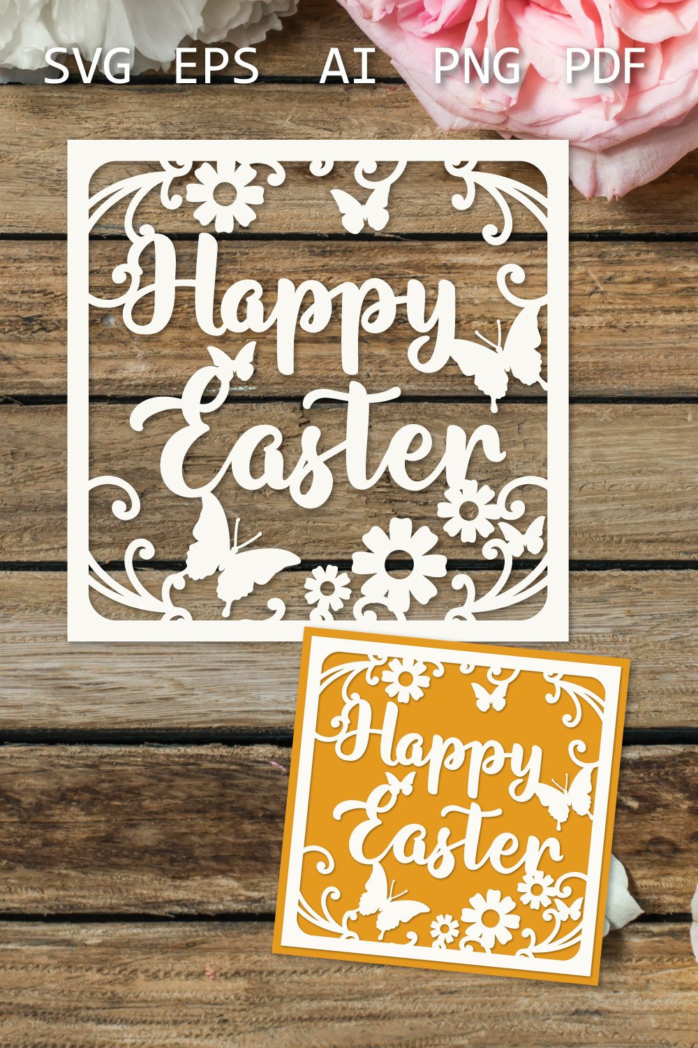 Happy Easter card SVG with butterflies, paper cut template