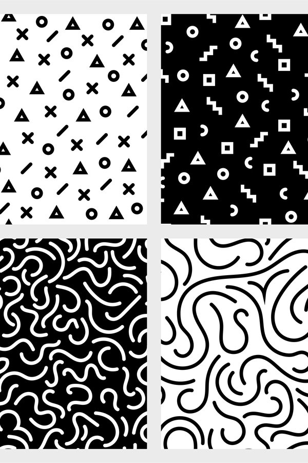 Monochrome seamless patterns vector set with abstract geomet