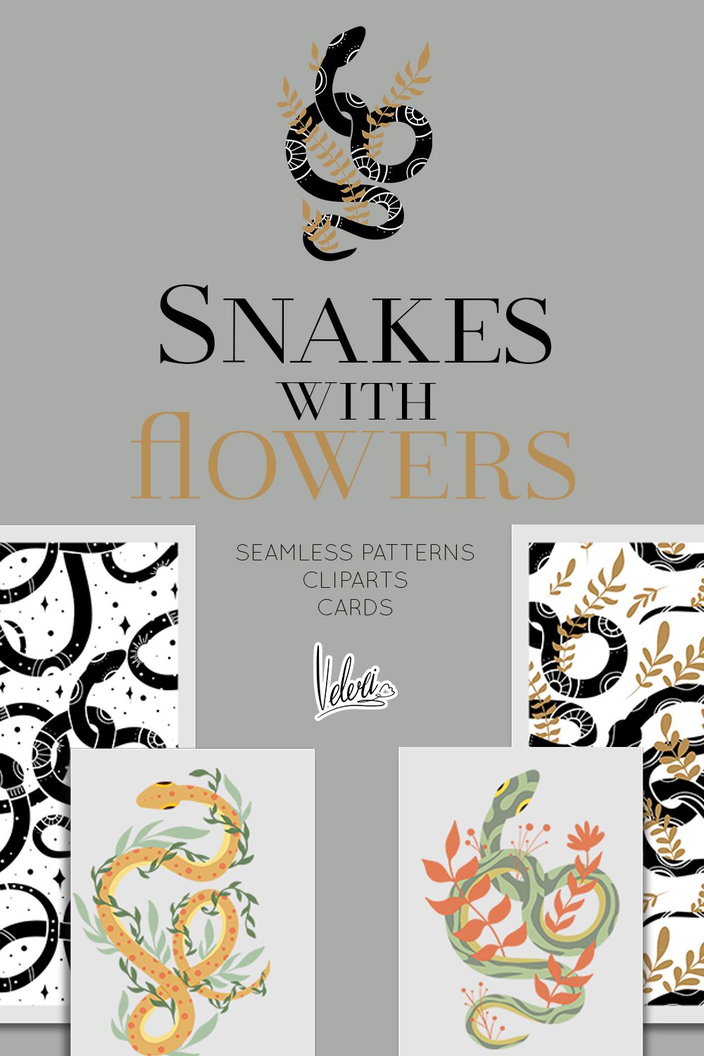 Snakes with flowers patterns and cliparts vector set