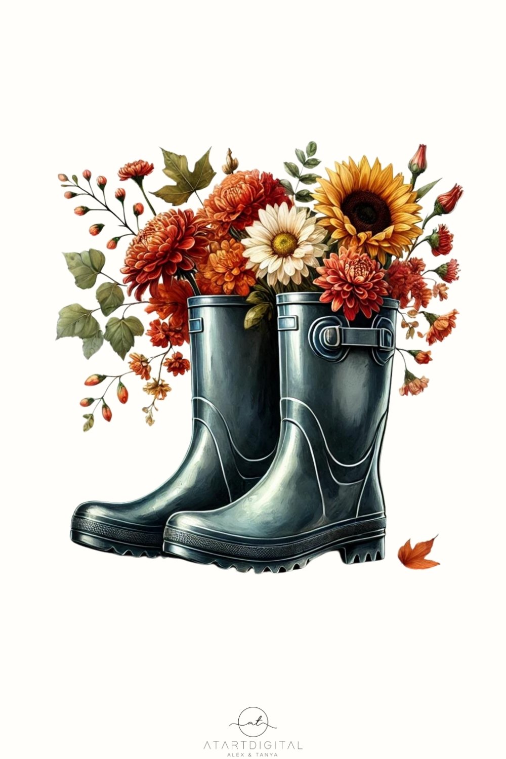 Rain Boots with Flowers & Floral Bouquet PNG, Cozy Autumn
