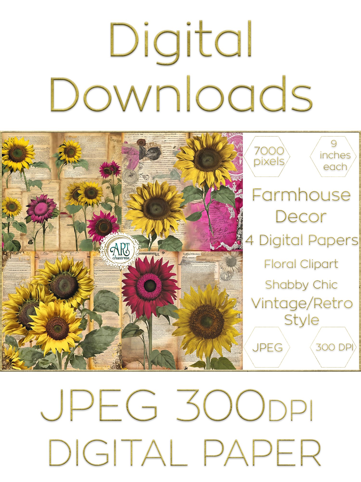 Watercolor Vintage Sunflower Floral Papers Digital (3375147)