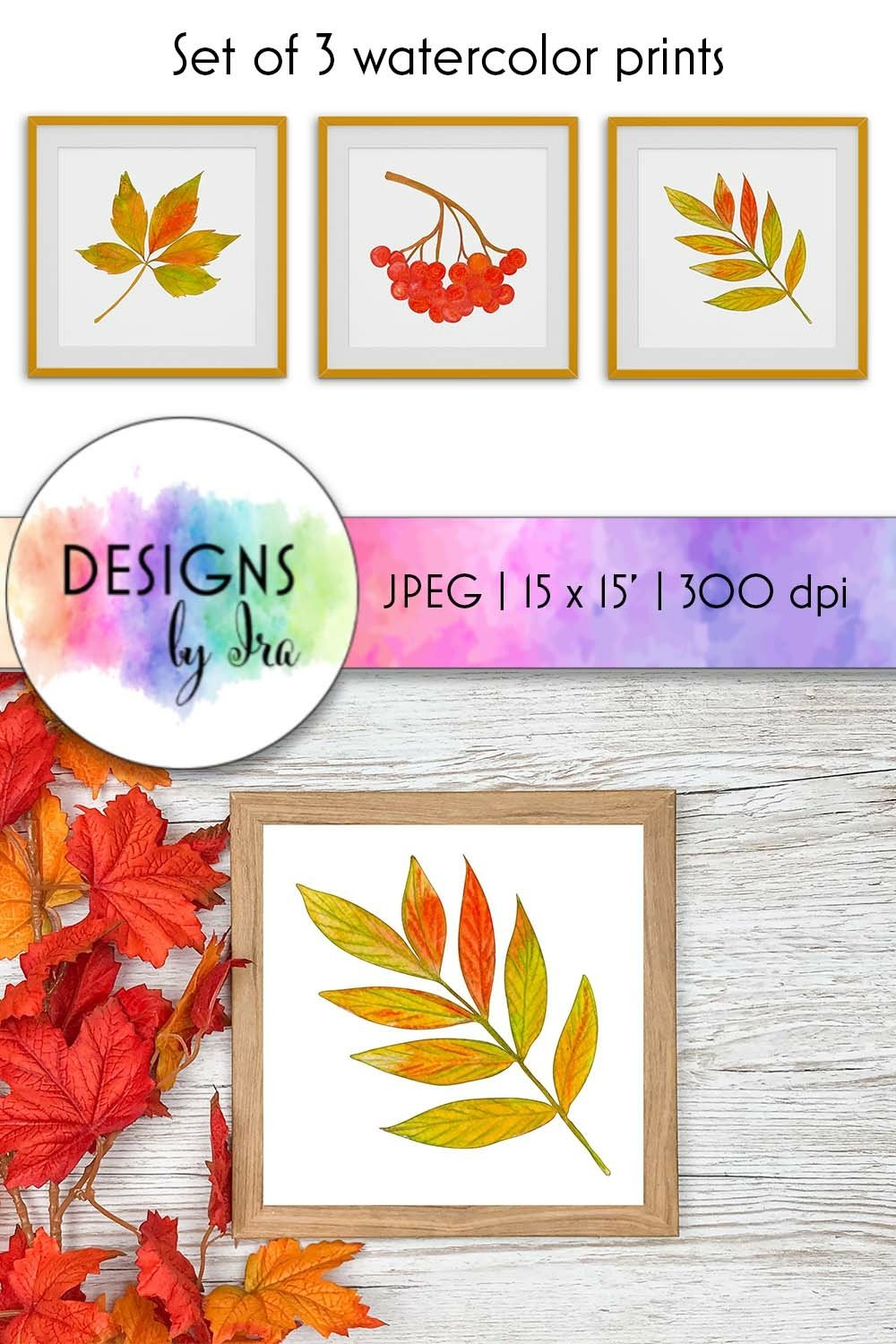 Set of 3 watercolor prints, autumn wall printable