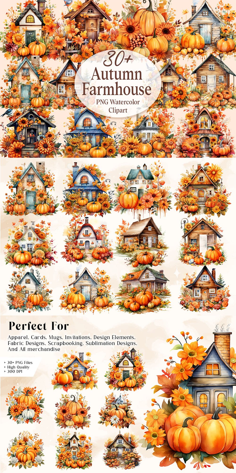 Autumn Farmhouse PNG Watercolor Clipart Collection