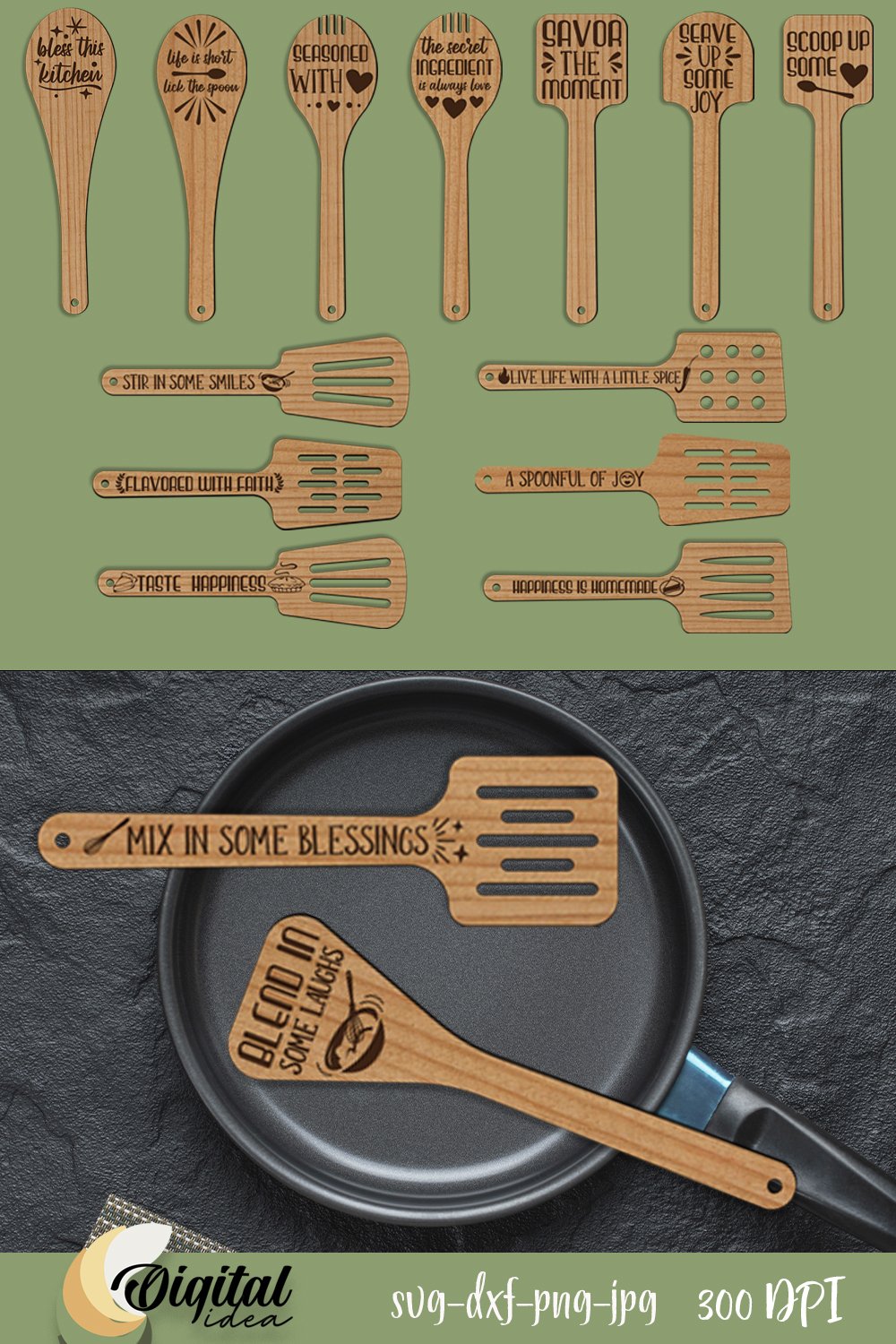 Engraved Wooden Spatulas. Bundle 3D Home Kitchen Decor.