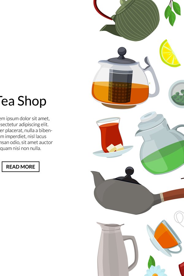 Vector tea kettles and cups background with place for text i