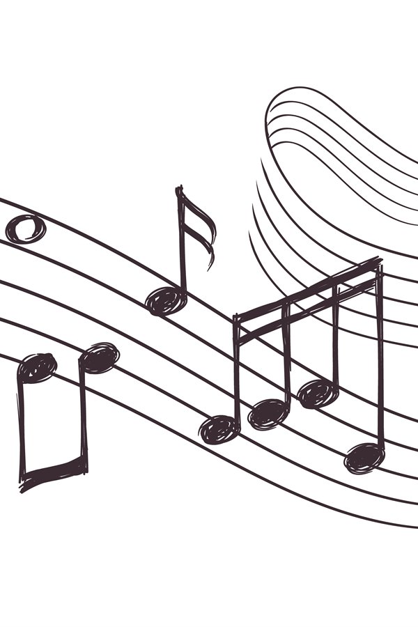 Sketch musical sound wave with music notes. Hand drawn vecto