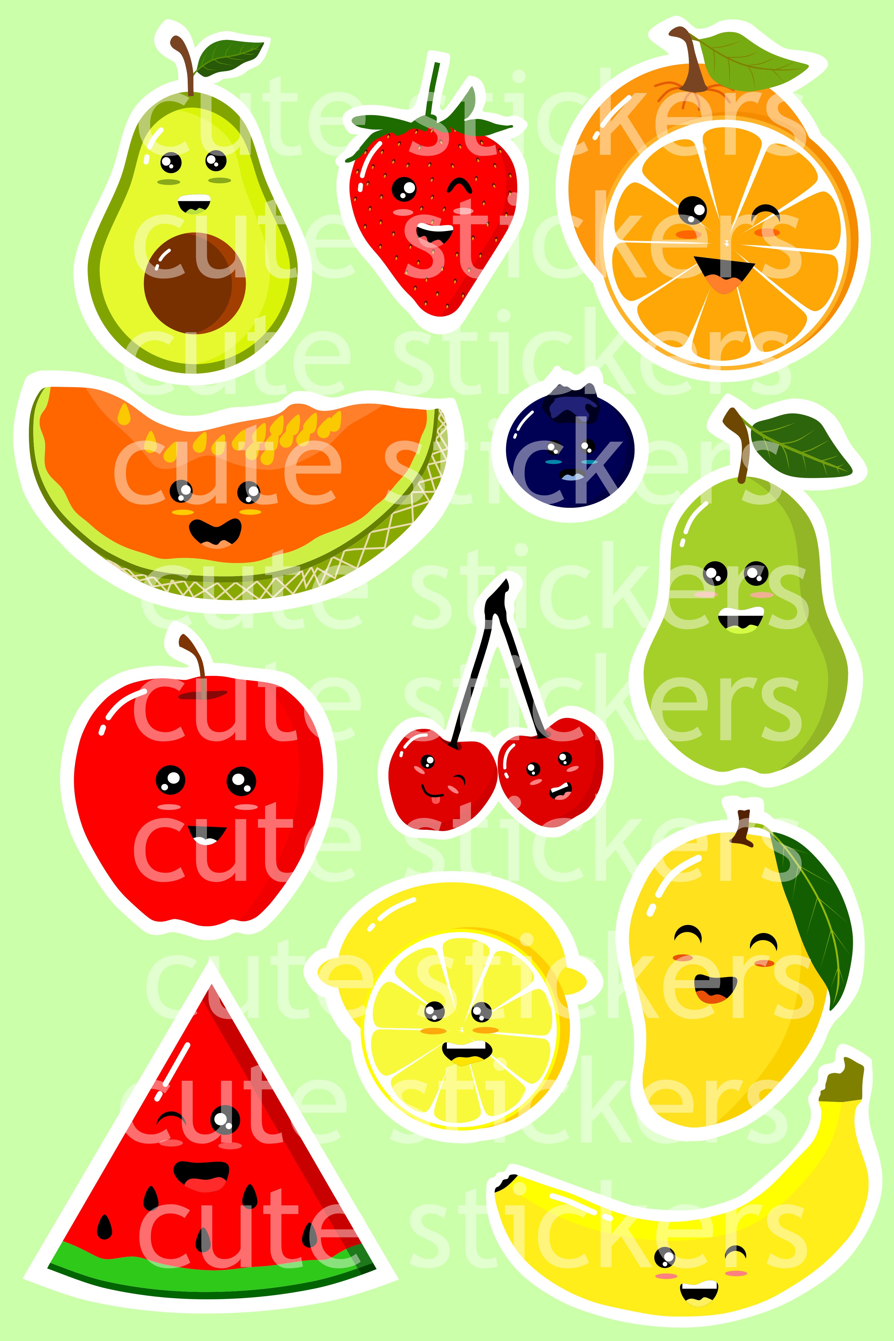 Cute fruit cartoon stickers, cute fruit clipart.