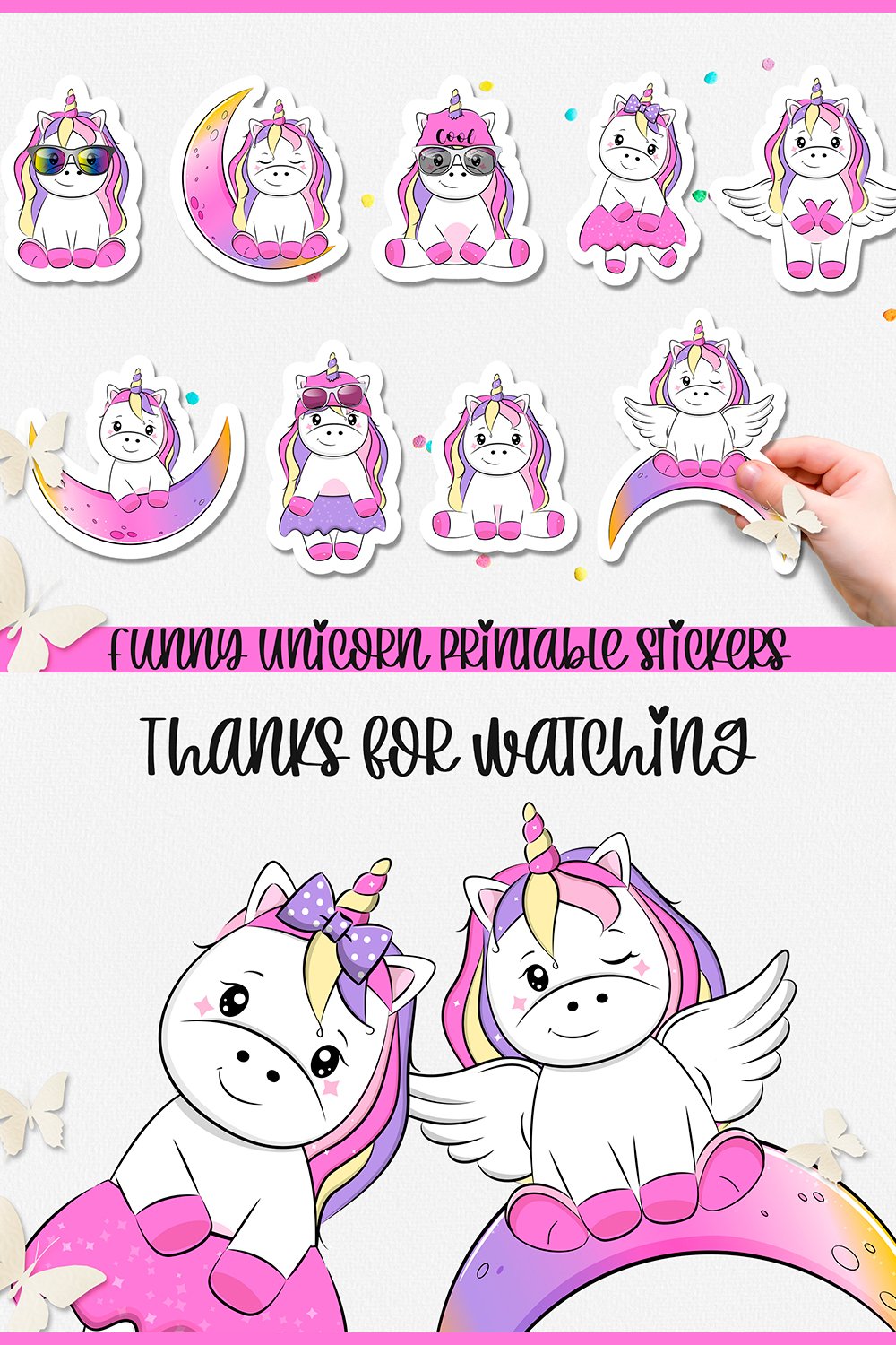 Funny Unicorns printable and digital stickers. PNG.