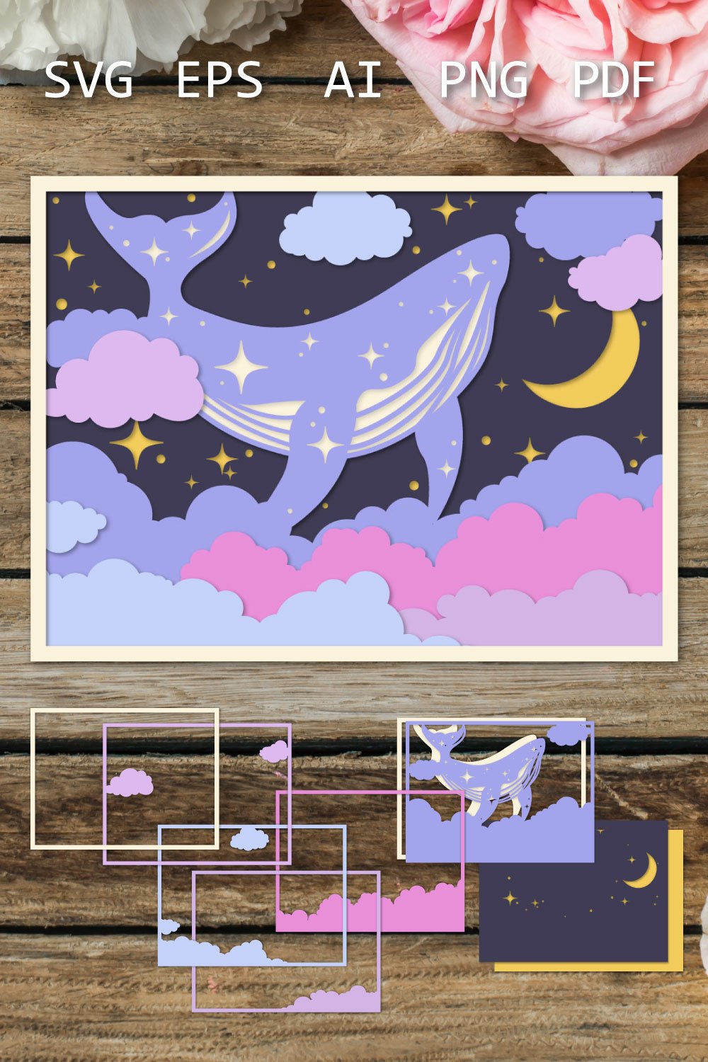 Whale in the Space Layered paper cut, 3D Shadow box SVG