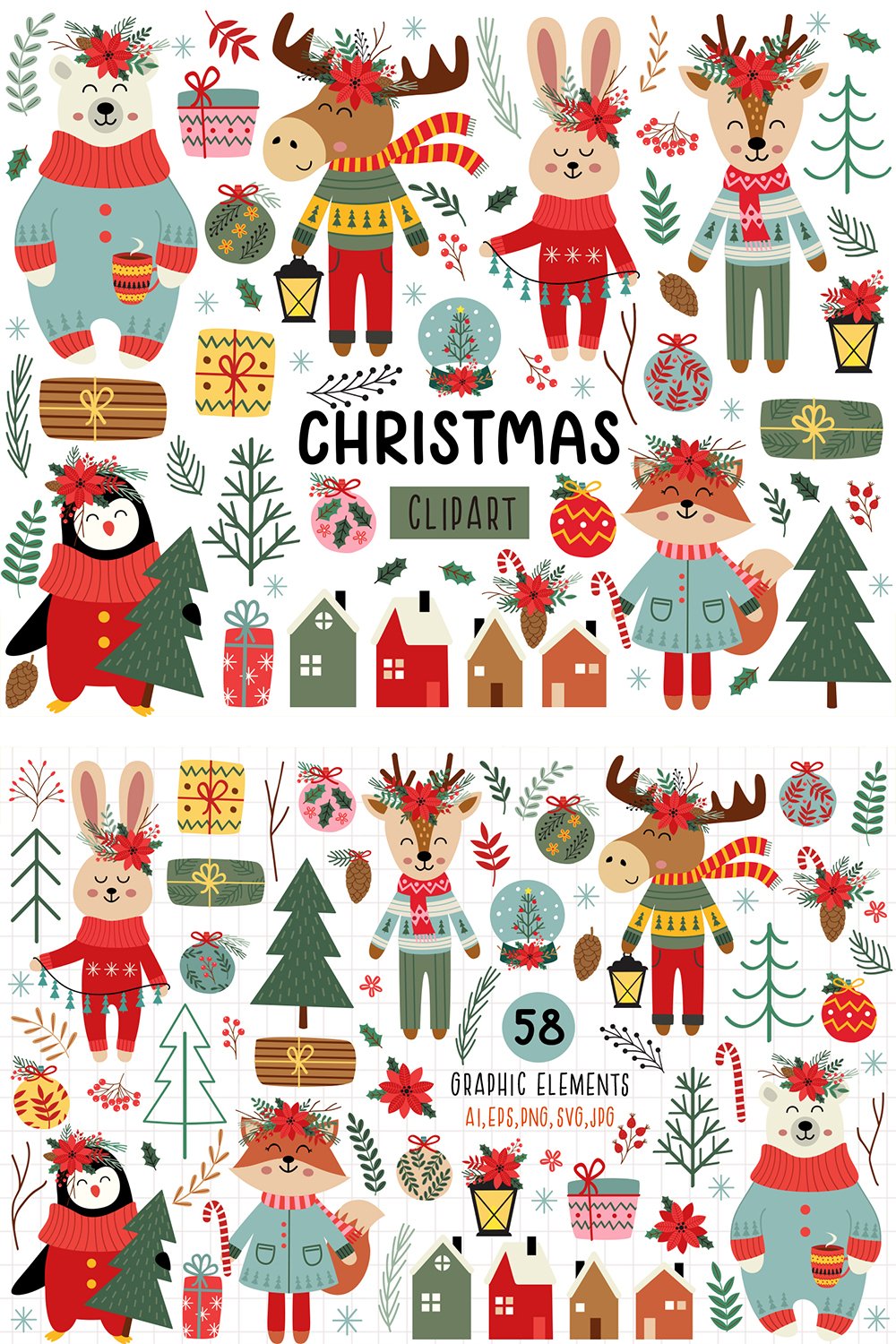 Merry Christmas animals clipart, Christmas tree clipart