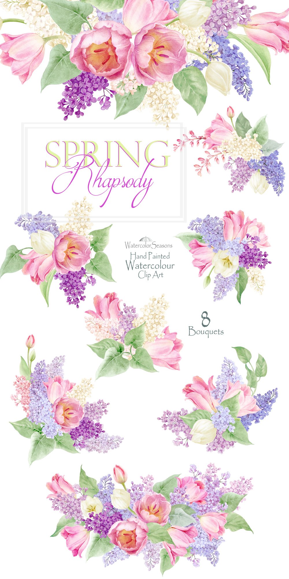 Watercolor Spring Bouquets, Tulips and Lilac branch PNG, DIY