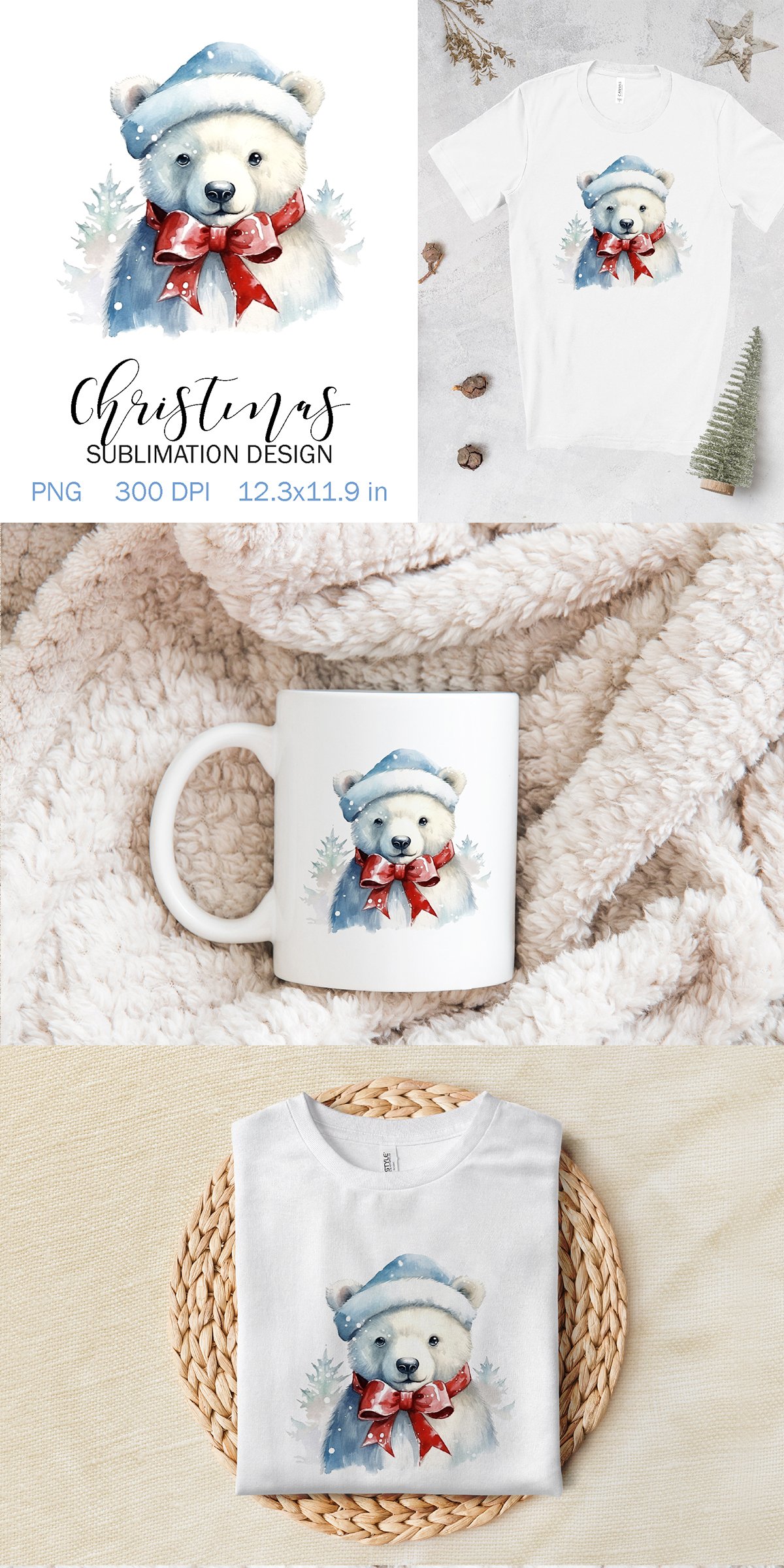 Christmas Sublimation Design PNG - Watercolor Bear (2886630)