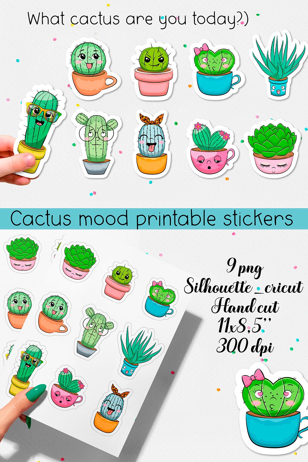 Cactus mood printable stickers. PNG, JPG.