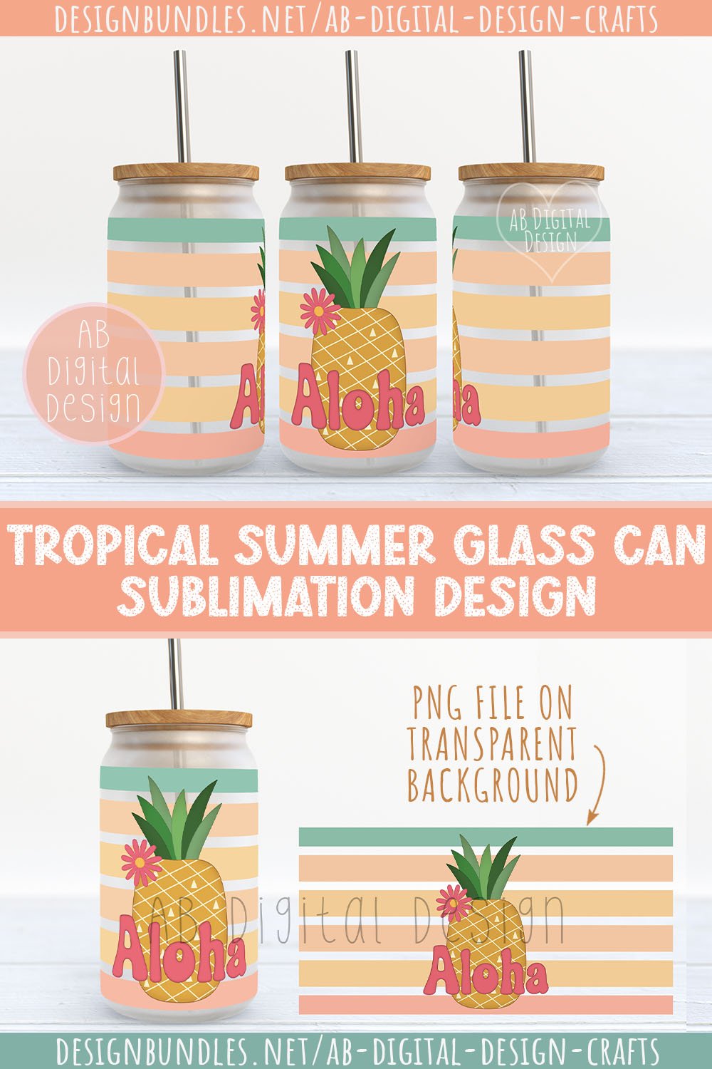 Summer Pineapple 16oz Glass Can Wrap Sublimation Design