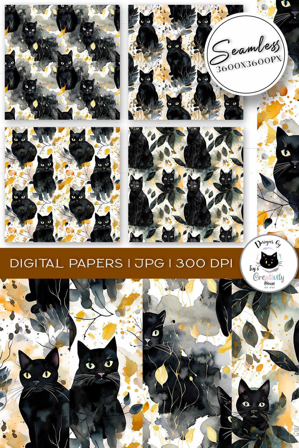Watercolor Black Cat Digital Paper | Seamless Cat Pattern