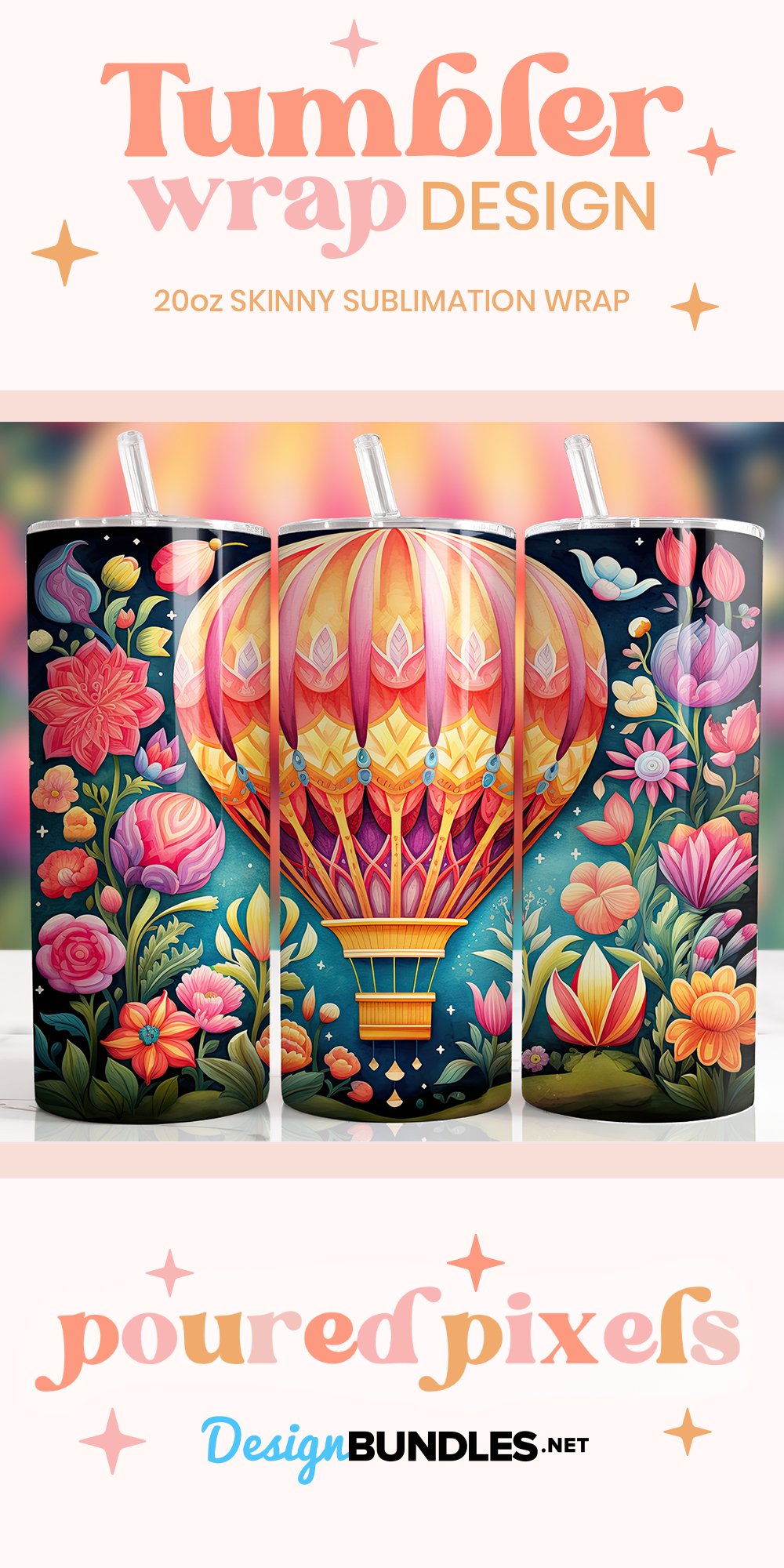 Hot Air Balloon And Flowers Tumbler Wrap Design