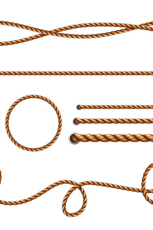 Realistic ropes. Yellow or brown curved nautical ropes with