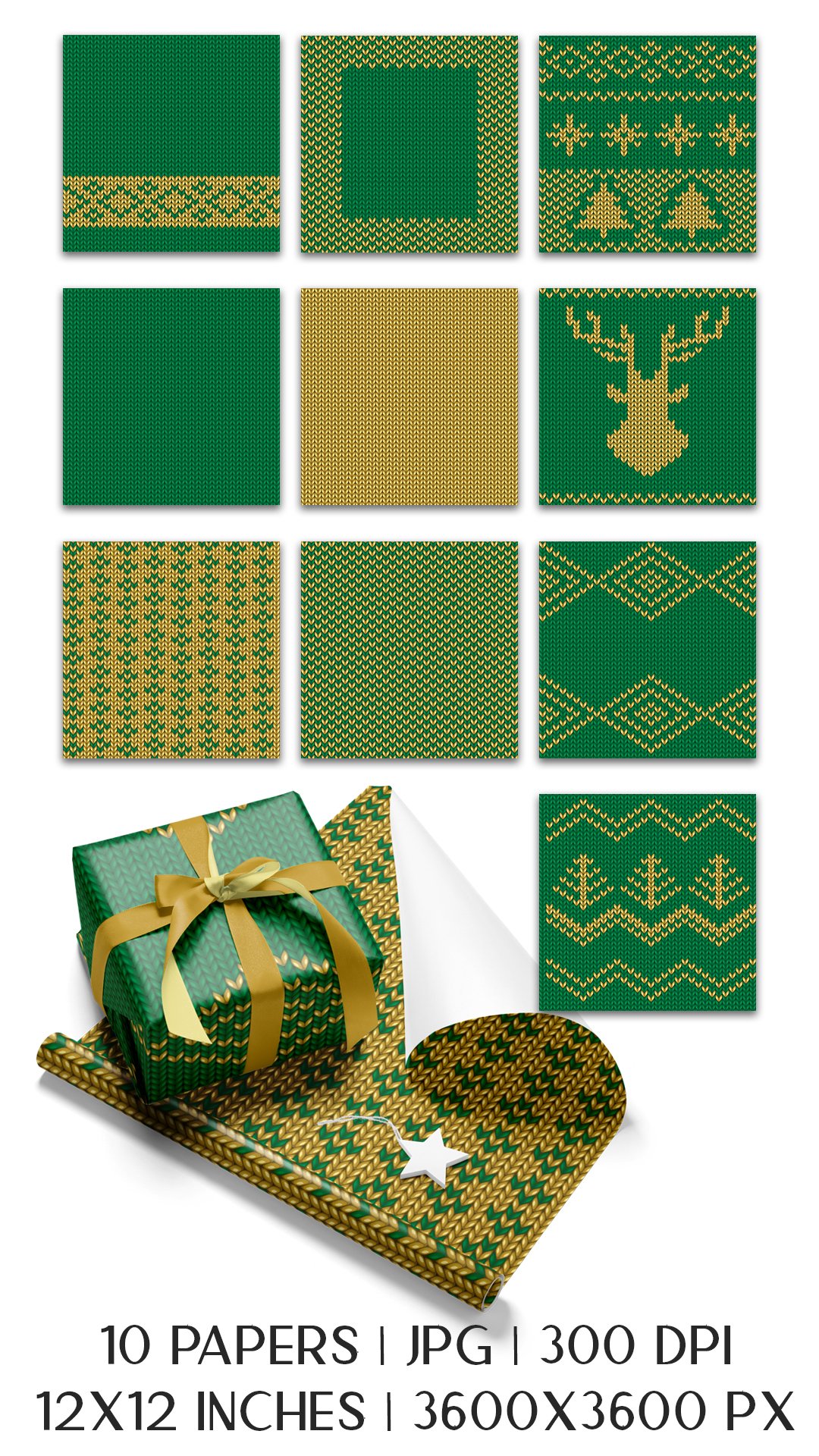 Gold Green Christmas paper Ugly Sweater knit digital paper