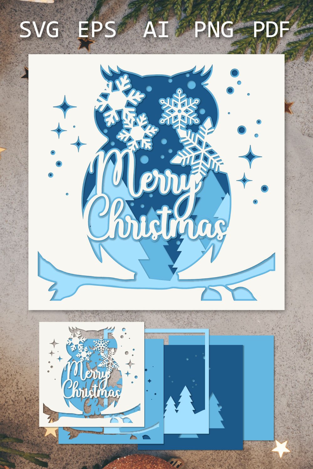 Merry Christmas Layered papercut card, Owl 3D SVG Shadow box