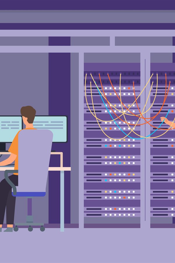 Flat data center room with system administrators, support an