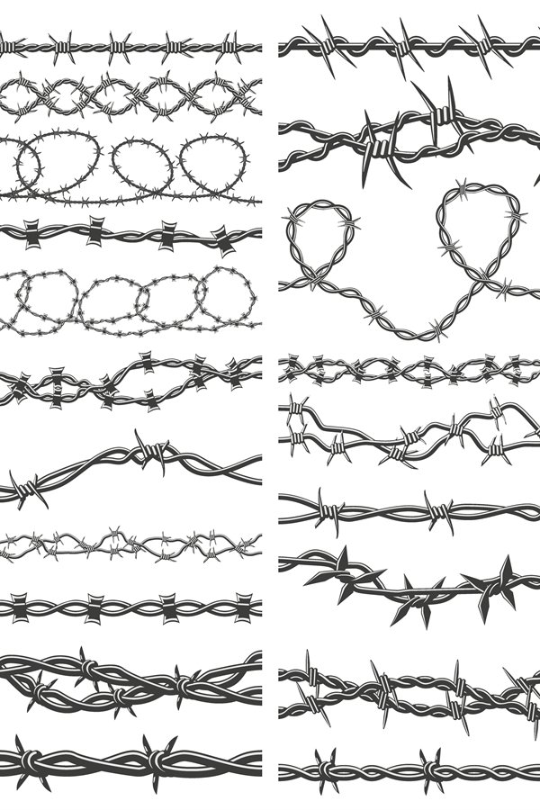 Razor wire silhouettes. Barbed wire metallic border elements