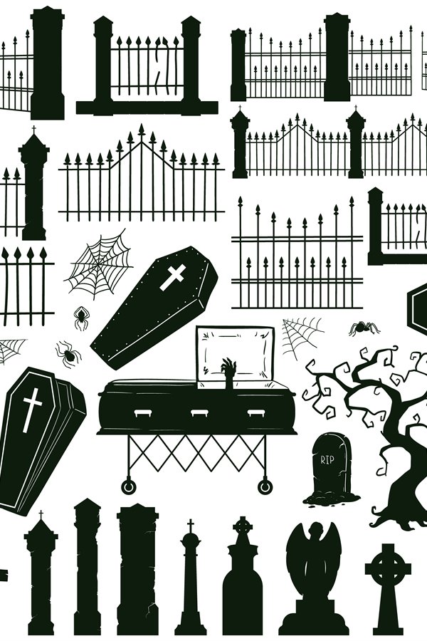 Halloween graveyard silhouettes. Creepy gravestones, tombsto