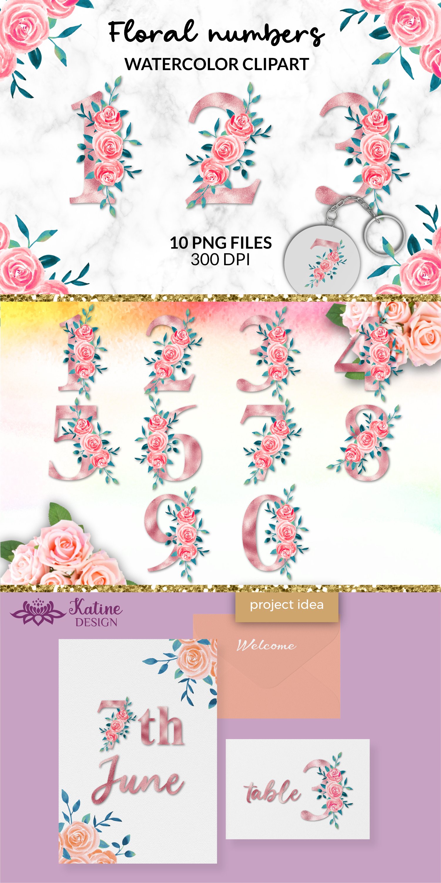 Rose Gold Floral Numbers Clipart Wedding Birthday Design PNG