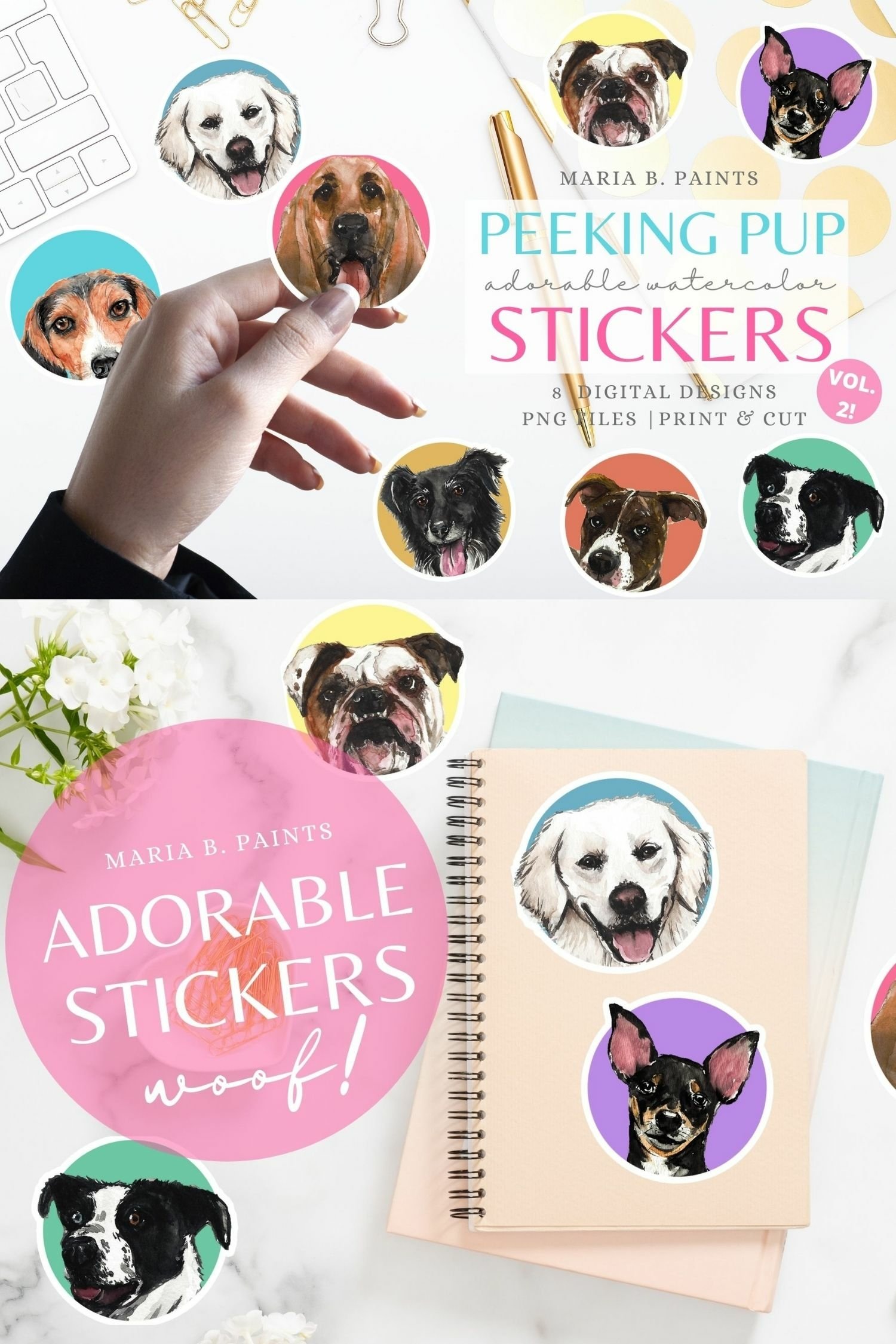 Puppy Dog Stickers PNG Printable Watercolor Planner Peeking