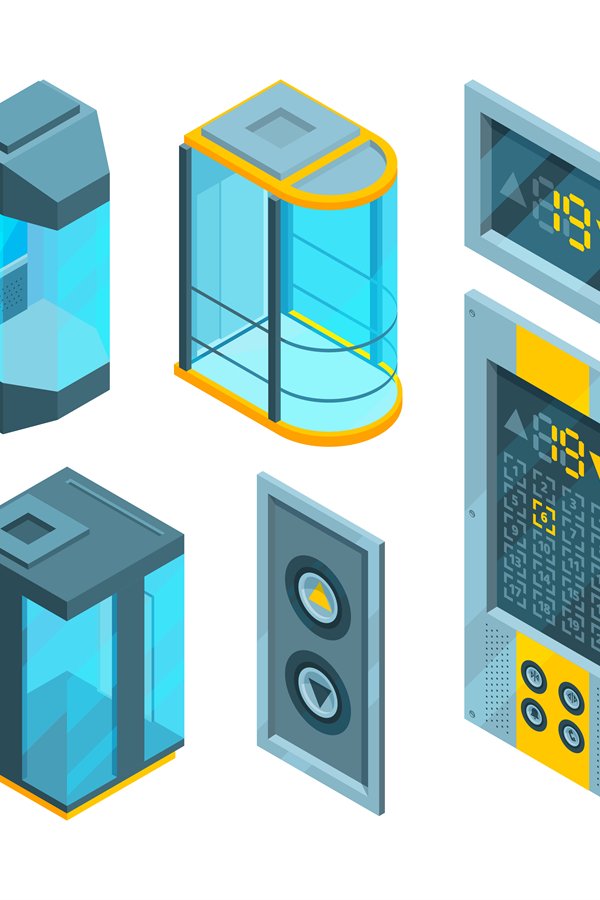 Isometric pictures set of glass elevators with steel buttons
