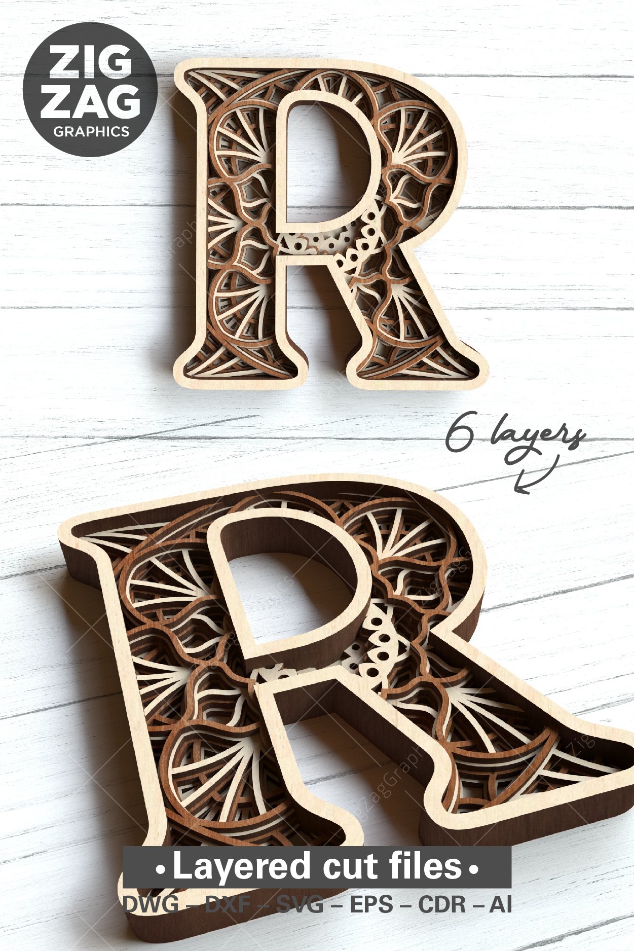 3D Layered mandala letter R svg cut file