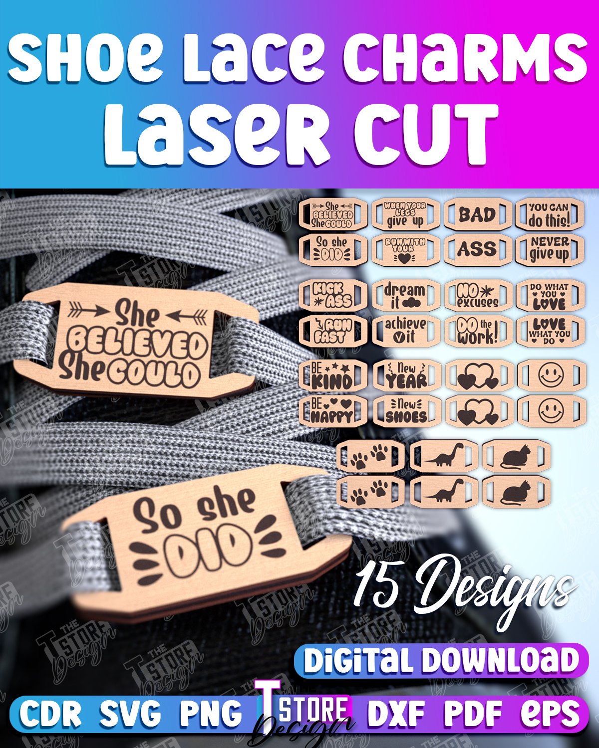 Shoe Lace Charms Laser Cut Bundle, Wooden Shoe (5161727)