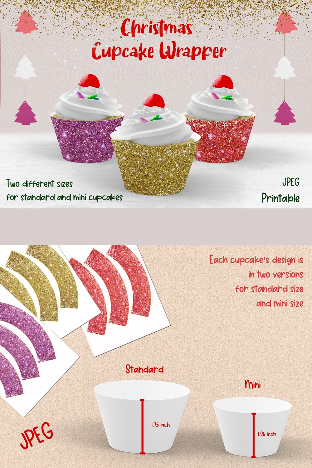 Printable Pink And Gold Glitter Christmas Cupcake Wrapper