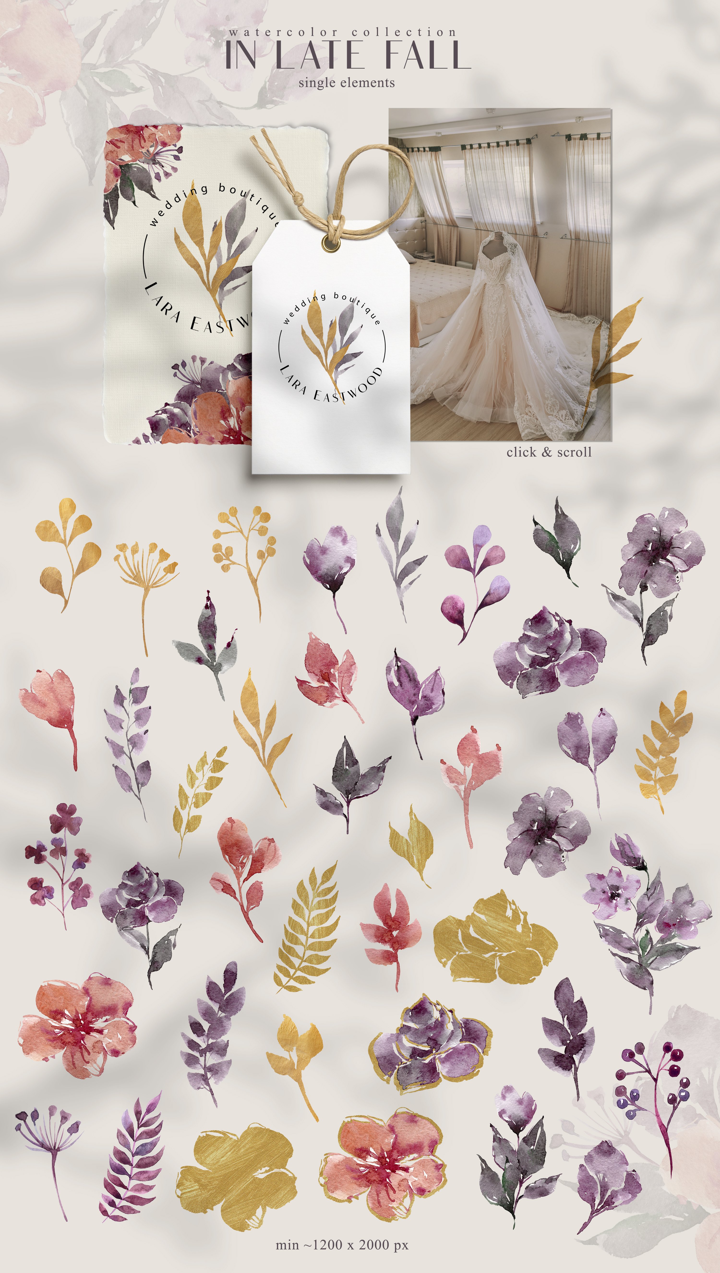 Watercolor floral clipart. Gold flowers and leaves-png files