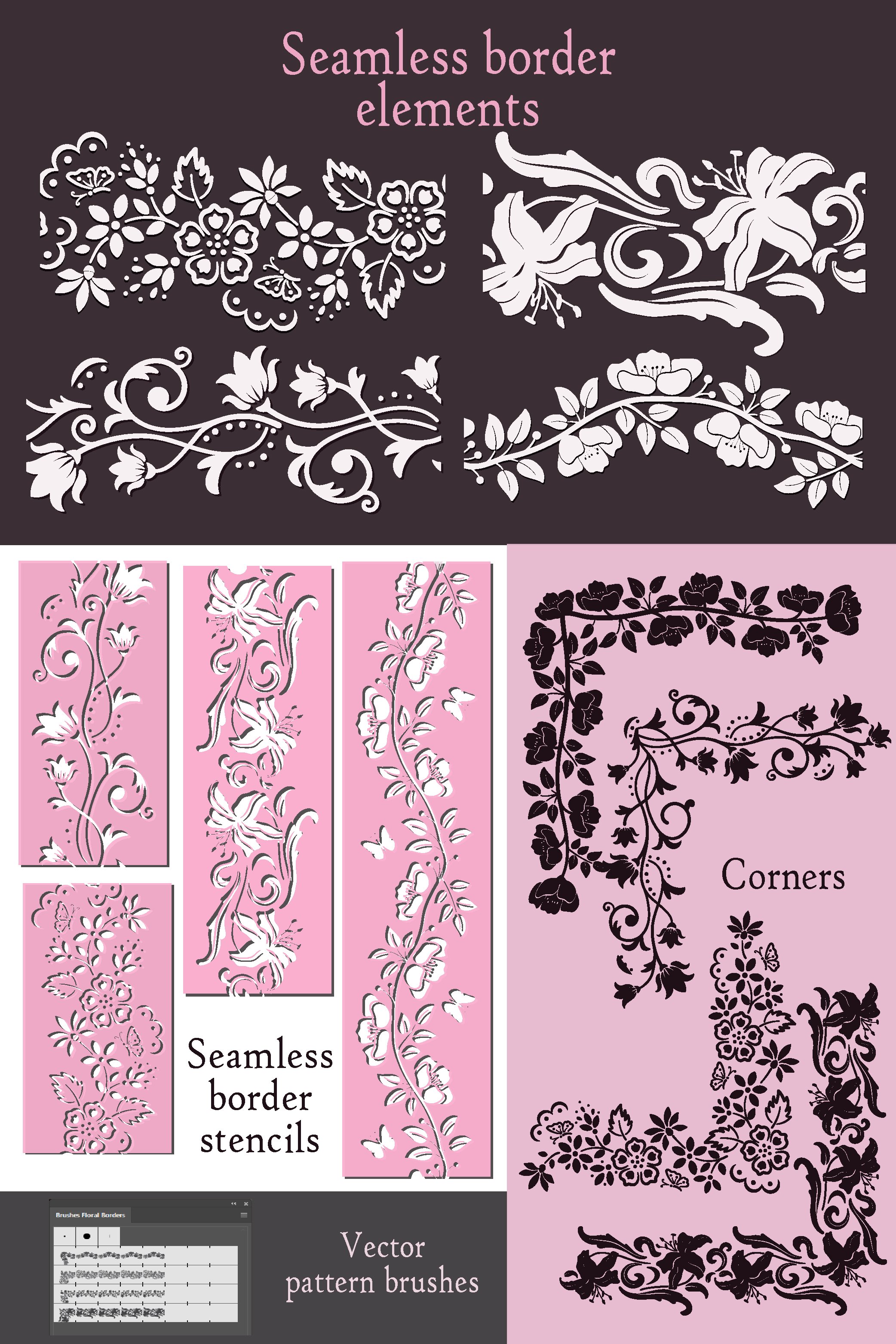 Floral borders, stencils, corners and vector brushes.