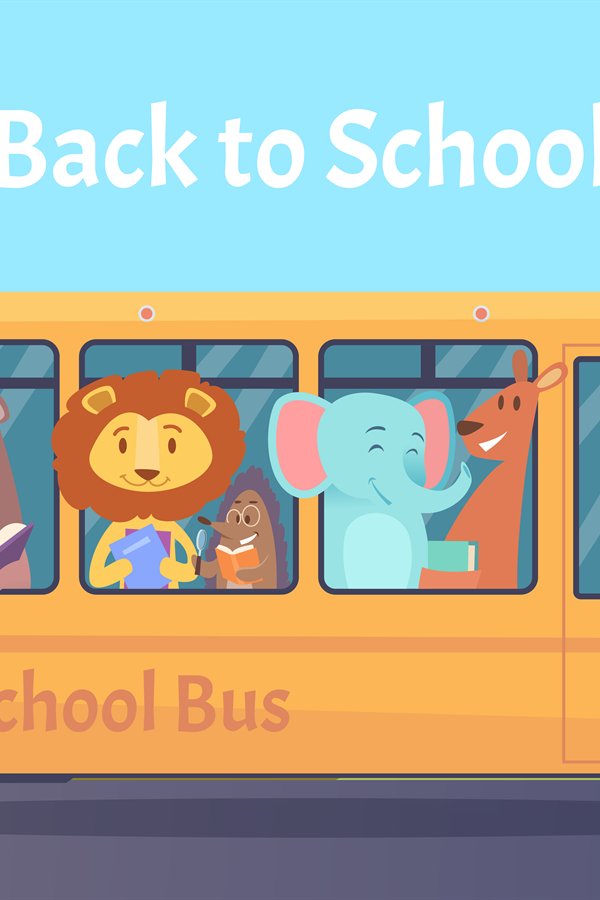 School bus. Zoo animals characters back to school on yellow