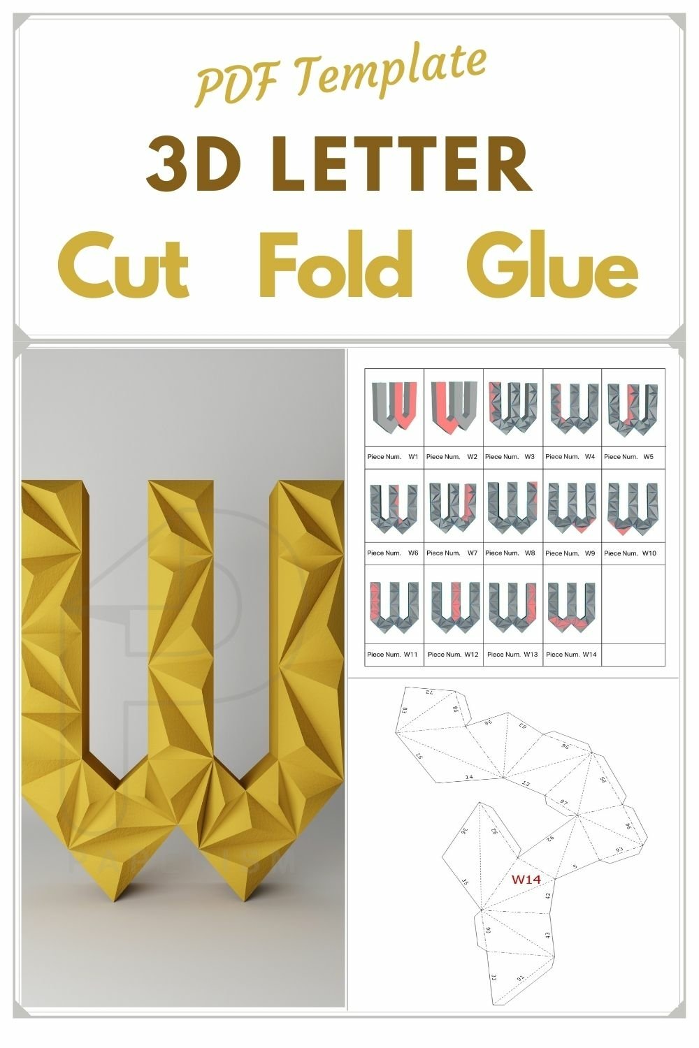 W Letter Papercraft, 3d Alphabet, DIY pdf template, low poly