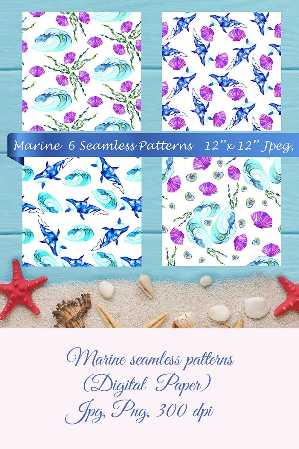 Ocean patterns. Marine. Seamless patterns. Digital paper.
