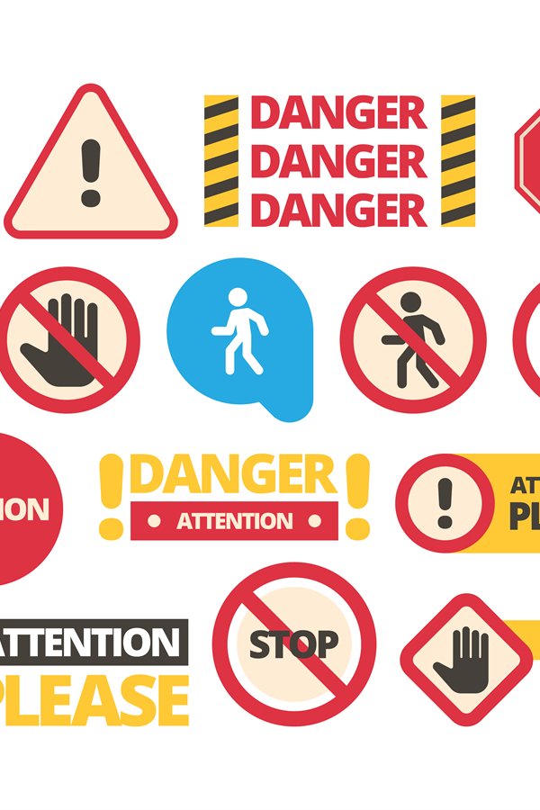 Attention boards. Admittance symbols stop hand red framed at