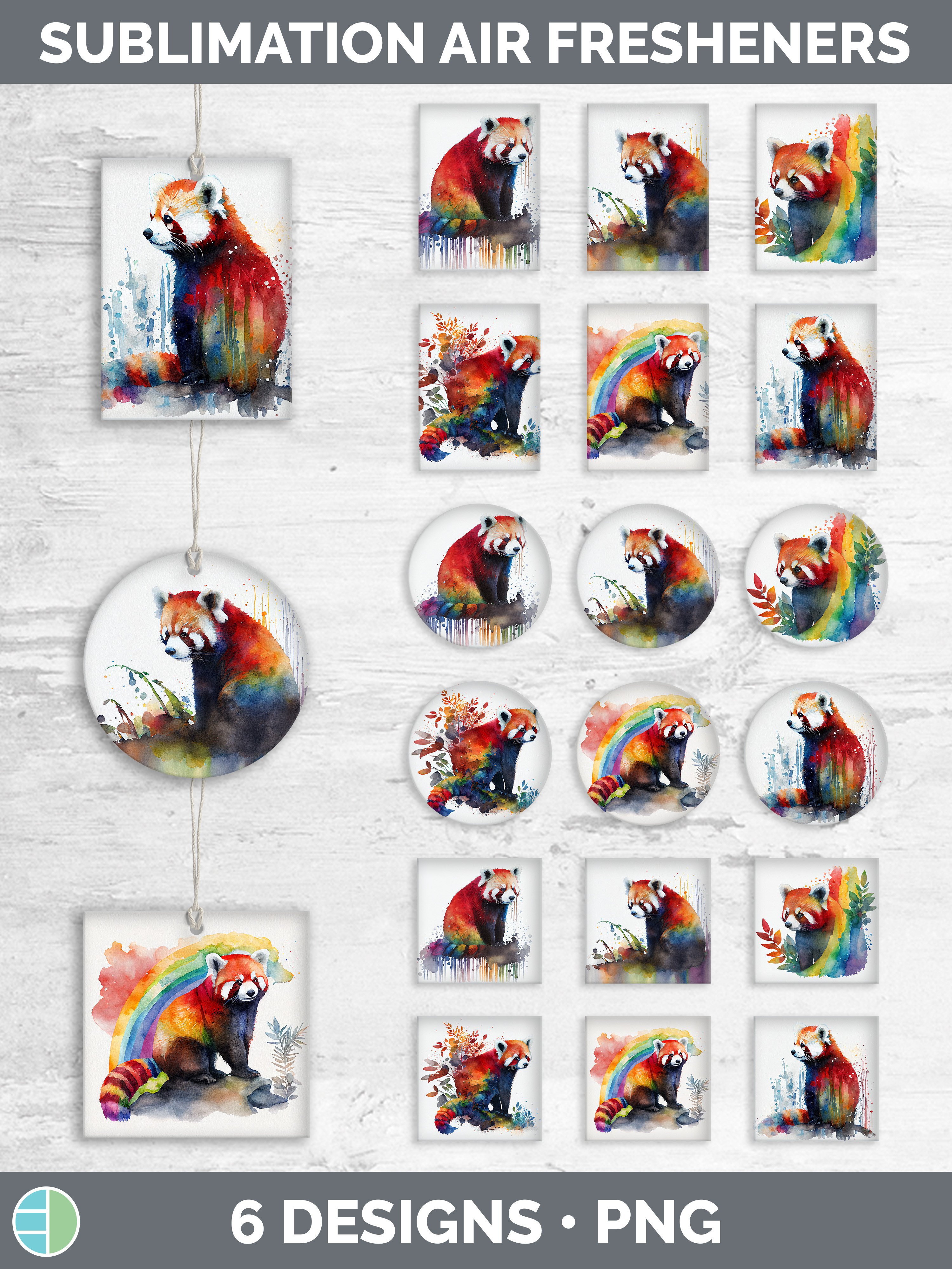 Rainbow Red Panda Air Freshener Sublimation Designs Bundle