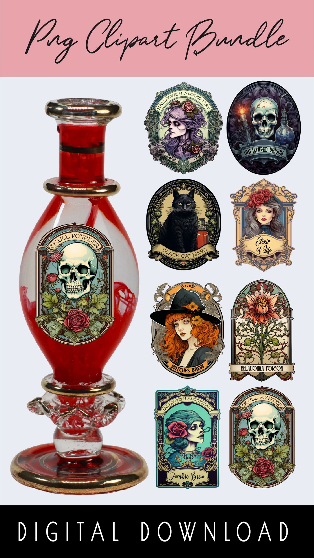 Halloween Apothecary Labels: Vintage Clipart Bundle 8 PNG